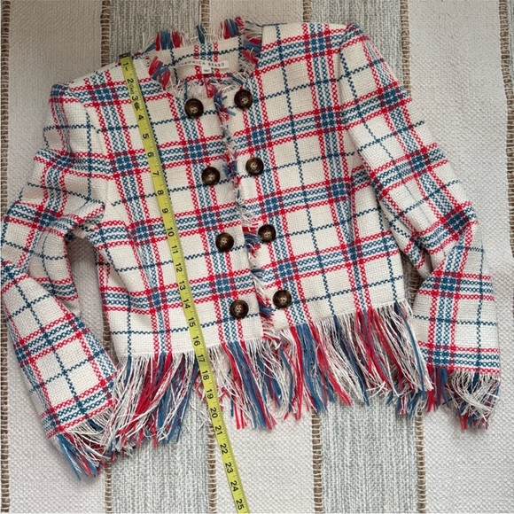 Veronica Beard Marlton White Blue Red Plaid Tweed Fringe Blazer Jacket Size 4 - Picture 7 of 16